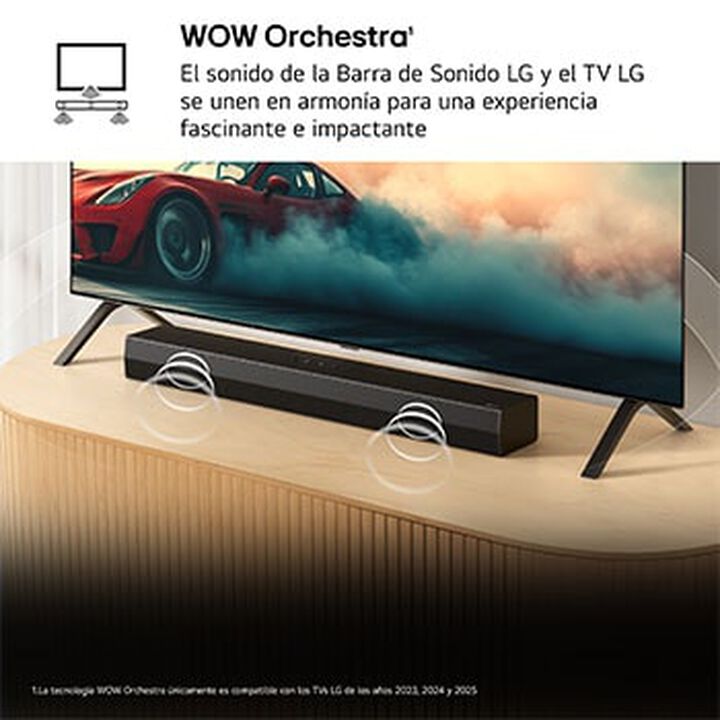 Barra compacta 2.0 con doble woofer, Dolby y AI Sound Pro, ideal para TVs pequeños.