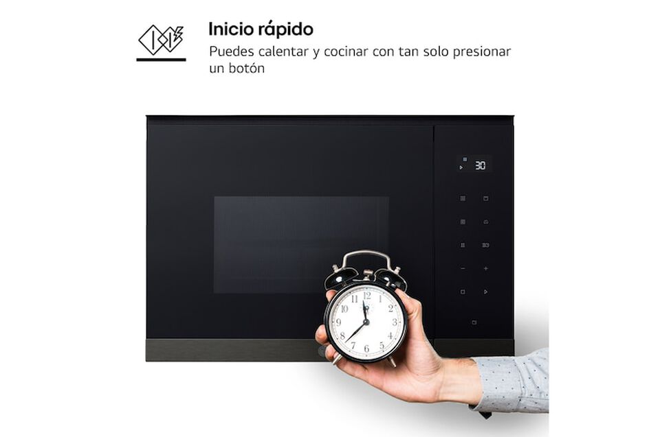 Microondas integrable de 25 litros con grill, 900 W, interior EasyClean, panel t&aacute;ctil y 8 men&uacute;s autom&aacute;ticos. Dise&ntilde;o en cristal negro y acero negro.