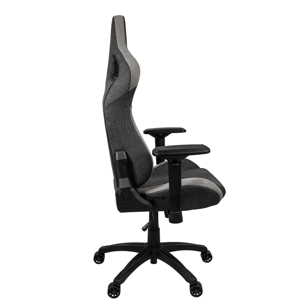 La silla de juegos CORSAIR T3 RUSH combina un diseño inspirado en las carreras y una comodidad contorneada con un exterior de tela suave y transpirable, una almohada cervical acolchada y un soporte lumbar de espuma viscoelástica.