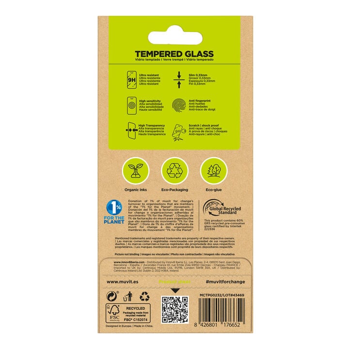 ¡Cuida tu dispositivo y contribuye a cuidar el planeta! Nuestro protector de pantalla eco responsable muvit for change, aporta protección extra a la pantalla de tu Smartphone sin perder la sensibilidad al tacto. De alta resistencia a impactos y arañazos con una dureza de 9H (máxima escala), evitará la rotura de tu pantalla ante un golpe o caída. Su tratamiento oleo fóbico, repele agua, grasa y suciedad. En muvit for change nos comprometemos a donar el 1% de los ingresos para el planeta*.