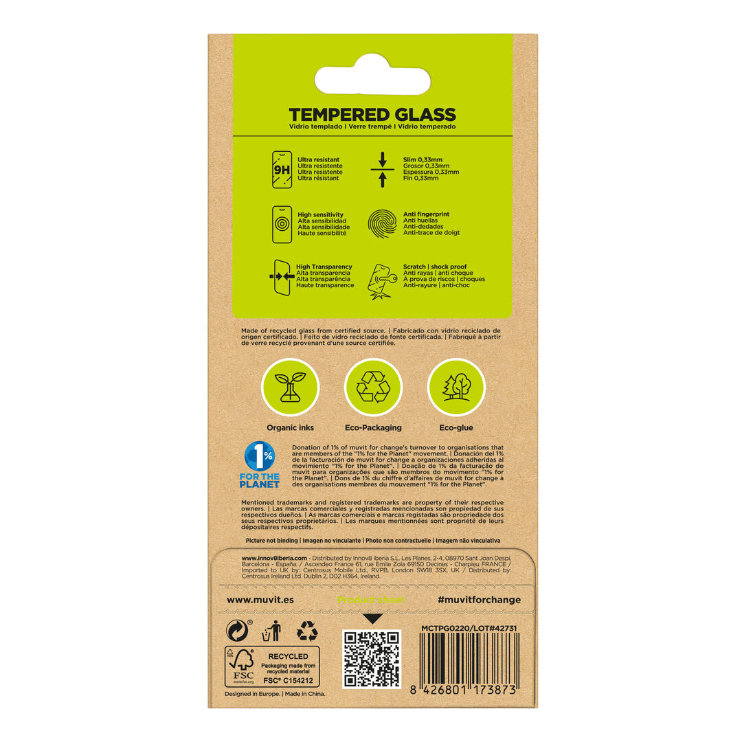 &iexcl;Cuida tu dispositivo y contribuye a cuidar el planeta! Nuestro protector de pantalla eco responsable muvit for change, aporta protecci&oacute;n extra a la pantalla de tu Smartphone sin perder la sensibilidad al tacto. De alta resistencia a impactos y ara&ntilde;azos con una dureza de 9H (m&aacute;xima escala), evitar&aacute; la rotura de tu pantalla ante un golpe o ca&iacute;da. Su tratamiento oleo f&oacute;bico, repele agua, grasa y suciedad. En muvit for change nos comprometemos a donar el 1% de los ingresos para el planeta*.