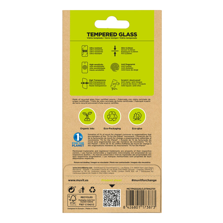 &iexcl;Cuida tu dispositivo y contribuye a cuidar el planeta! Nuestro protector de pantalla eco responsable muvit for change, aporta protecci&oacute;n extra a la pantalla de tu Smartphone sin perder la sensibilidad al tacto. De alta resistencia a impactos y ara&ntilde;azos con una dureza de 9H (m&aacute;xima escala), evitar&aacute; la rotura de tu pantalla ante un golpe o ca&iacute;da. Su tratamiento oleo f&oacute;bico, repele agua, grasa y suciedad. En muvit for change nos comprometemos a donar el 1% de los ingresos para el planeta*.