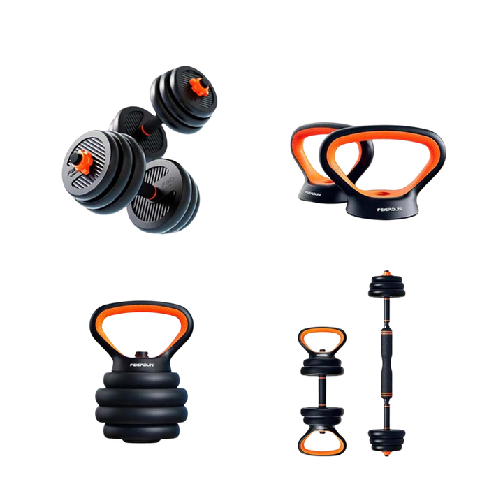 <p>El kit incluye varios discos de distintos pesos, juntamente con barras y soportes para pesas rusas, permitiendo personalizar todo tu equipo. Se pueden montar mancuernas, pesas rusas, barras con pesas y agarres para hacer flexiones.</p>