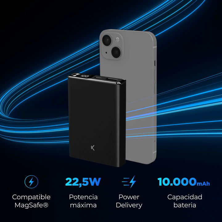 La powerbank magn&eacute;tica KSIX de 10.000 mAh es la soluci&oacute;n perfecta para cargar todos tus dispositivos sin importar d&oacute;nde est&eacute;s. Con carga magn&eacute;tica compatible con MagSafe&reg;, un puerto USB-C Power Delivery de 20 W y un puerto USB-A Quick Charge 3.0 de 22,5 W. Una powerbank con indicador LED dise&ntilde;ada especialmente para brindarte cargas de la manera m&aacute;s c&oacute;moda posible y en cualquier lugar. Incluye un cable USB-A a USB-C de 30 cent&iacute;metros de longitud.