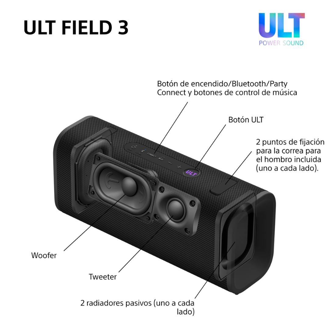 <p>Presentamos ULT FIELD 3, el potente altavoz inalámbrico de Sony con 24h de batería que ofrece un sonido impactante y envolvente en un diseño portátil, se combina con un tweeter de alta calidad y dos radiadores pasivos para producir un sonido rico y detallado que te sorprenderá.</p>