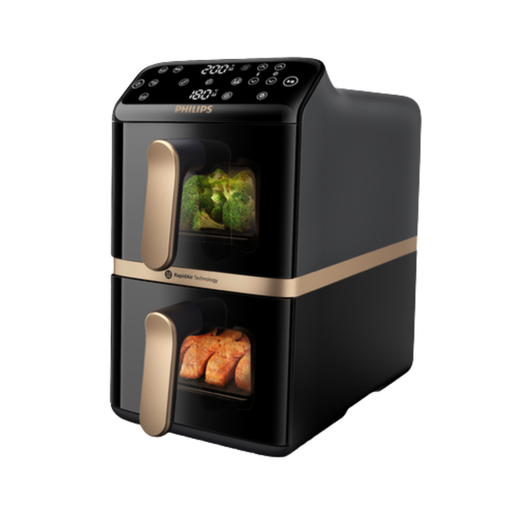 Airfryer Serie 4000 con doble cesta vertical (2&times;5 L, total 10 L), tecnolog&iacute;a Rapid Air, ventana de control, pantalla t&aacute;ctil superior, funci&oacute;n de sincronizaci&oacute;n y app HomeID de recetas. Color negro con mango cobre.
