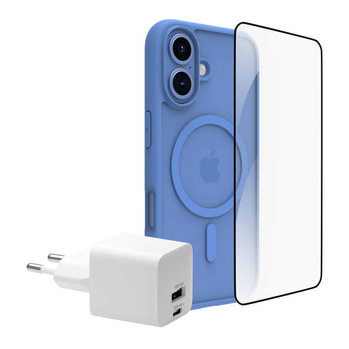 Funda iPhone 16 Azul MS + ECO PROTECTOR+ cargador 30W
