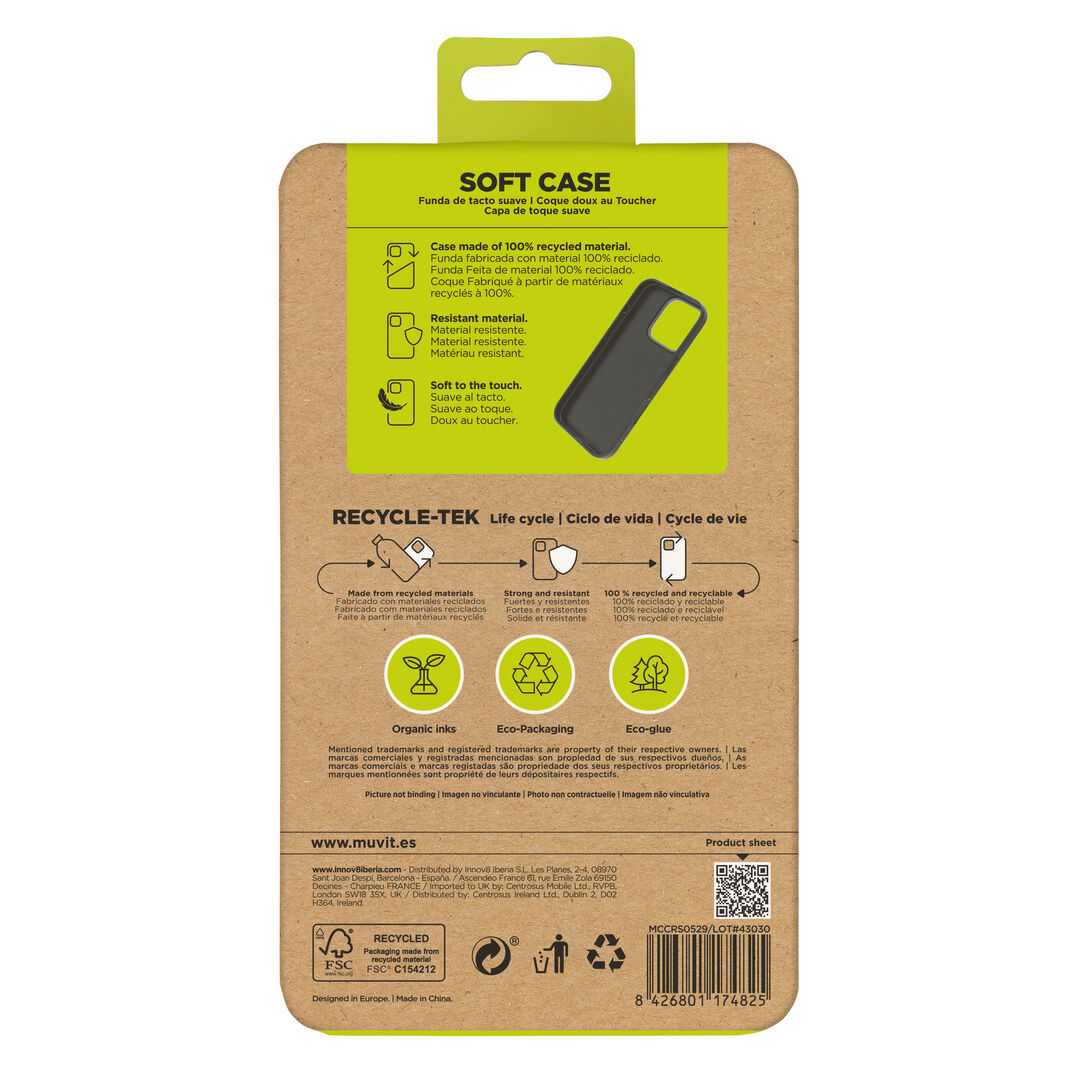 La protecci&oacute;n del medio ambiente es, hoy en d&iacute;a, una preocupaci&oacute;n en todo momento, junto a la preocupaci&oacute;n de proteger nuestro Smartphone. Con las fundas recycletek de muvit for change, proponemos una gama de fundas reciclables, fabricadas con fundas usadas y viejas. Una manera responsable de proteger nuestro smartphone. Porque contribuir en la lucha contra la contaminaci&oacute;n y proteger nuestro eco sistema, debe formar parte de nuestros gestos cotidianos.