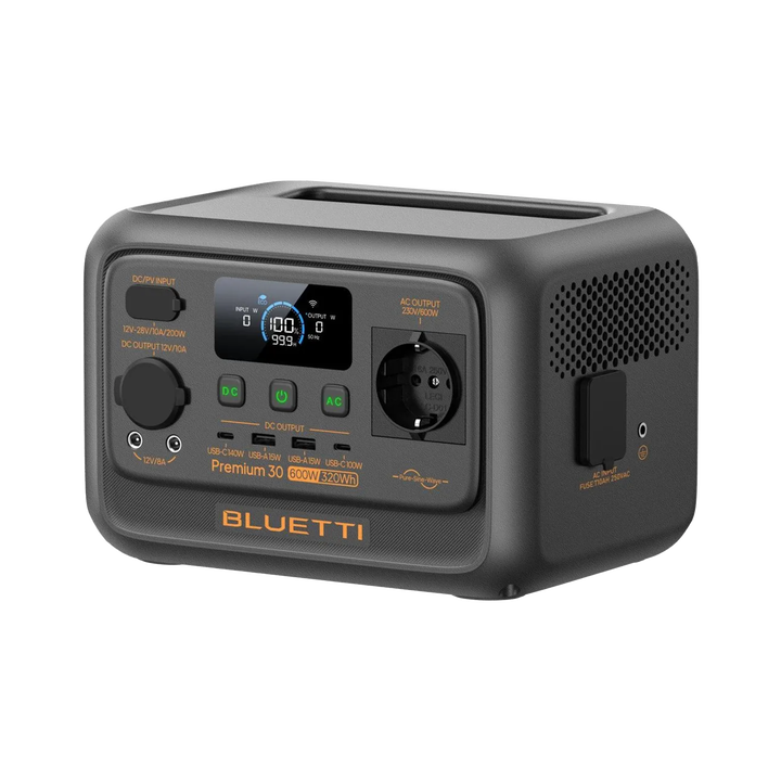 BLUETTI Premium 30 V2 es una estaci&oacute;n de energ&iacute;a ultracompacta y ligera con bater&iacute;a LiFePO4 de 320 Wh y un inversor de 600 W (con modo Power Lifting para picos mayores). Dise&ntilde;ada para escapadas breves, uso al aire libre o respaldo de dispositivos esenciales, ofrece m&uacute;ltiples puertos de carga r&aacute;pida en un formato f&aacute;cil de transportar.