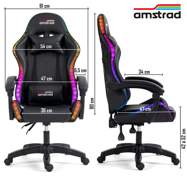 <!DOCTYPE html>
<html lang="es">
<head>
  <meta charset="UTF-8">
  <title>Amstrad AMS-LED-DARKSIDE - Silla Gaming con LED</title>
  <style>
    body {
      font-family: Arial, sans-serif;
      max-width: 600px;
      margin: 40px auto;
      color: #222;
    }

    h2 {
      color: #cc0000;
      margin-bottom: 10px;
    }

    .descripcion {
      background-color: #f9f9f9;
      border-left: 4px solid #cc0000;
      padding: 12px 16px;
      margin-bottom: 20px;
      line-height: 1.6;
    }

    .destacados {
      list-style: none;
      padding: 0;
      margin-bottom: 20px;
    }

    .destacados li::before {
      content: "► ";
      color: #cc0000;
    }

    .destacados li {
      margin-bottom: 6px;
      font-weight: bold;
    }

    .nota {
      background-color: #fff8e1;
      border-left: 4px solid #ffaa00;
      padding: 10px 16px;
      margin-top: 20px;
      font-size: 0.9em;
      line-height: 1.6;
    }

    table {
      width: 100%;
      border-collapse: collapse;
    }

    table tr:nth-child(even) {
      background-color: #f5f5f5;
    }

    table td {
      padding: 8px 12px;
      border-bottom: 1px solid #ddd;
    }

    table td:first-child {
      font-weight: bold;
      width: 55%;
    }
  </style>
</head>
<body>

  <h2>Amstrad AMS-LED-DARKSIDE &mdash; Silla Gaming con Iluminaci&oacute;n LED</h2>

  <div class="descripcion">
    Amstrad te ofrece su silla AMS-LED-DARKSIDE con iluminaci&oacute;n LED y coj&iacute;n lumbar. &iexcl;Elige el color que se adapte a tu estado de &aacute;nimo o a tu ambiente, o selecciona un modo din&aacute;mico para variar los colores autom&aacute;ticamente!
  </div>

  <h2>Caracter&iacute;sticas principales</h2>

  <ul class="destacados">
    <li>Iluminaci&oacute;n LED est&aacute;tica o din&aacute;mica autom&aacute;tica</li>
    <li>Mando a distancia incluido</li>
    <li>Coj&iacute;n lumbar y reposacabezas</li>
  </ul>

  <h2>Especificaciones</h2>

  <table>
    <tr>
      <td>Color</td>
      <td>Negro</td>
    </tr>
    <tr>
      <td>Mando a distancia</td>
      <td>Incluido</td>
    </tr>
    <tr>
      <td>Modos de iluminaci&oacute;n</td>
      <td>366 modos autom&aacute;ticos o a elegir</td>
    </tr>
    <tr>
      <td>Colores fijos disponibles</td>
      <td>Rojo, Verde, Morado, Amarillo, Azul y Cian</td>
    </tr>
    <tr>
      <td>Control de velocidad e intensidad</td>
      <td>S&iacute;</td>
    </tr>
    <tr>
      <td>Reposabrazos</td>
      <td>2</td>
    </tr>
    <tr>
      <td>Inclinaci&oacute;n del respaldo</td>
      <td>Hasta 150&deg;</td>
    </tr>
    <tr>
      <td>Coj&iacute;n lumbar y reposacabezas</td>
      <td>Incluidos</td>
    </tr>
    <tr>
      <td>Profundidad</td>
      <td>47 cm</td>
    </tr>
    <tr>
      <td>Ancho del asiento (entre reposabrazos)</td>
      <td>47 cm</td>
    </tr>
    <tr>
      <td>Ancho del respaldo</td>
      <td>54 cm</td>
    </tr>
    <tr>
      <td>Altura del asiento</td>
      <td>De 42 a 52 cm</td>
    </tr>
    <tr>
      <td>Peso m&aacute;ximo soportado</td>
      <td>130 kg</td>
    </tr>
    <tr>
      <td>Peso del producto</td>
      <td>14 kg</td>
    </tr>
    <tr>
      <td>Materiales</td>
      <td>PVC, Espuma, Nylon, Metal, Madera contrachapada</td>
    </tr>
    <tr>
      <td>Alimentaci&oacute;n</td>
      <td>Cable USB tipo A de 2 m (cable extra&iacute;ble incluido)</td>
    </tr>
  </table>

  <div class="nota">
    <strong>Nota:</strong> Los LEDs requieren una fuente de alimentaci&oacute;n externa de m&iacute;nimo 2A no incluida, como un PC, powerbank, cargador, etc.
  </div>

</body>
</html>