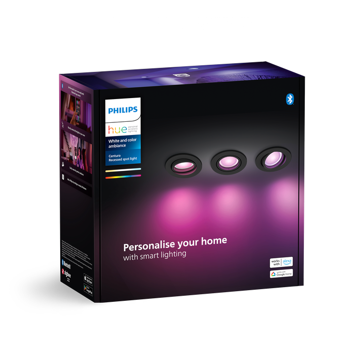 <p>Pack Triple Empotrable de techo HUE Centura.</p>
<p>Bridge NO&nbsp;incluido.</p>
<p>Dimmer Switch NO incluido.</p>
<p>Bombilla incluida.</p>
<p>Controlable por Wifi &amp; Bluetooth.</p>
<p>Crea el ambiente perfecto con Hue Centura, que ofrece 16 millones de colores. Ideal para el sal&oacute;n y el dormitorio. Contr&oacute;lalo por Bluetooth al instante en una sala o empar&eacute;jalo con un Hue Bridge para disfrutar de toda una variedad de funciones de iluminaci&oacute;n inteligente.</p>
<ul style="list-style-type: circle;">
<li><strong>Casquillo:</strong>&nbsp;GU10</li>
<li><strong>Voltaje (V):&nbsp;</strong>230V</li>
<li><strong>Consumo (W):</strong>&nbsp;5,7W</li>
<li><strong>Luminosidad (LM):</strong>&nbsp;350lm</li>
<li><strong>Horas duraci&oacute;n:&nbsp;</strong>15.000h</li>
<li><strong>Di&aacute;metro (mm):</strong>&nbsp;90</li>
<li><strong>Altura empotrada (mm):&nbsp;</strong>100</li>
<li><strong>&Aacute;ngulo apertura:</strong>&nbsp;45&ordm;</li>
<li><strong>Regulable:</strong>&nbsp;SI</li>
<li><strong>Cambio de Color RGBW:</strong>&nbsp;SI</li>
</ul>