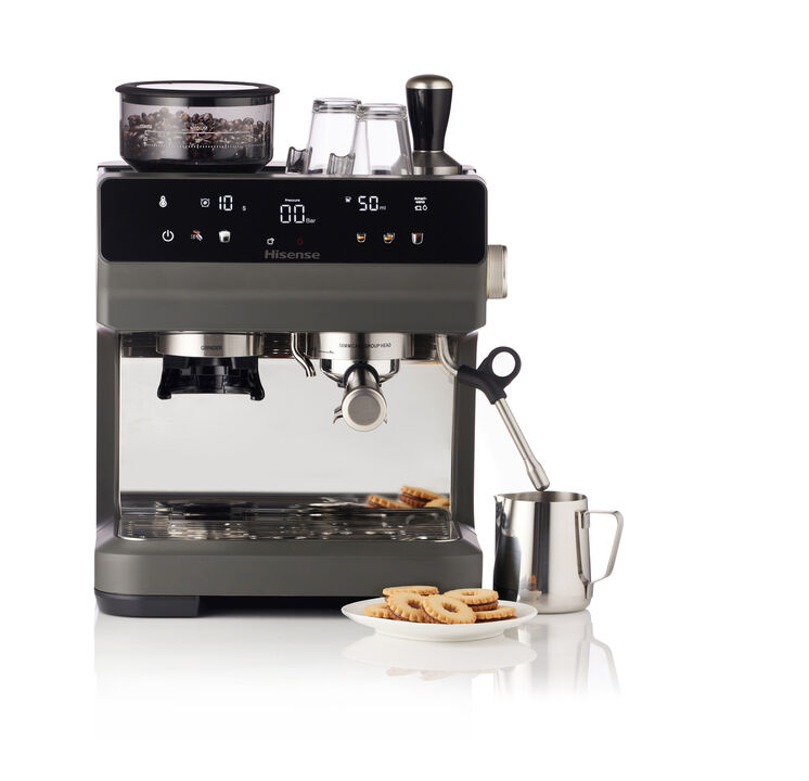 Cafetera espresso semiautom&aacute;tica Hisense HSACM20LP con molinillo integrado y presi&oacute;n de 20 bar.