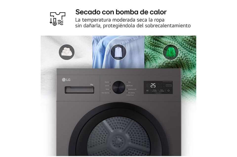 Secadora LG 8kg bomba de calor, clase D, negro grafito, 8 programas, pantalla LED