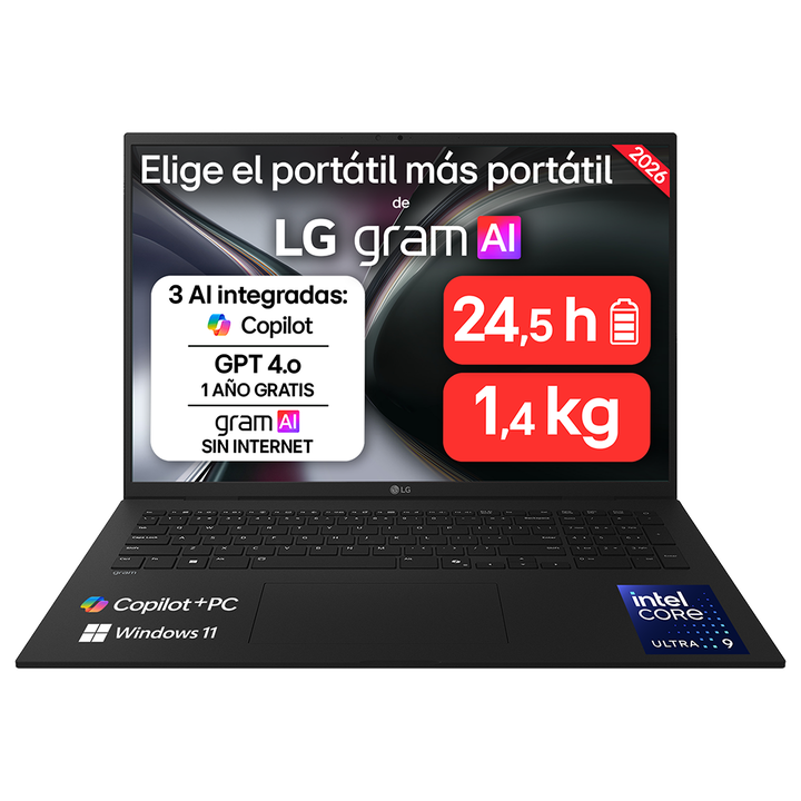 <p>Port&aacute;til ultraligero LG gram de 17", procesador Intel&reg; Core&trade; Ultra 9  288V, 32 GB RAM, 1 TB SSD, hasta 24.5 horas de autonom&iacute;a, 1.389 g de peso, color Negro Carb&oacute;n, Windows 11 Home. Modelo 17Z90TL-G.AU99BN.</p>