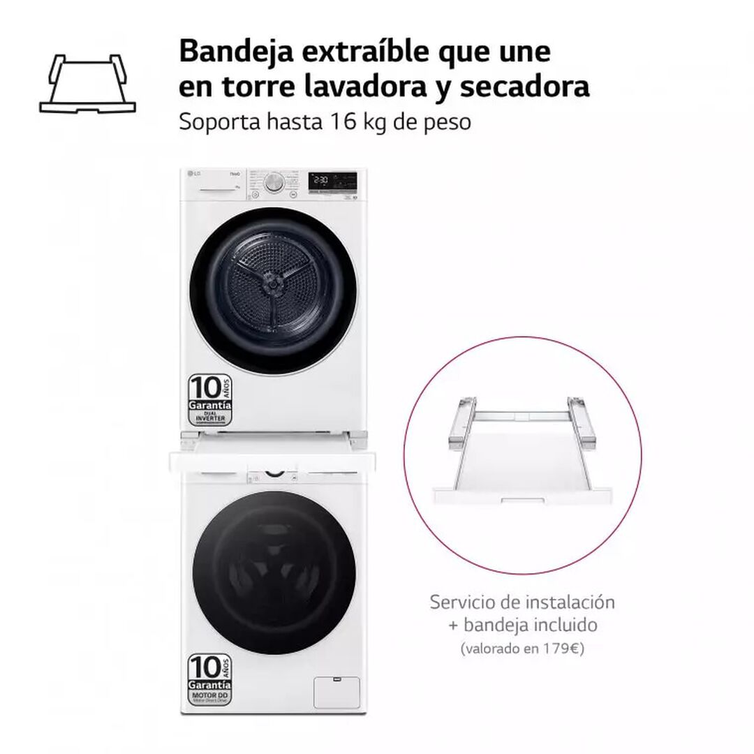 Torre LG 9 kg lavado + 8 kg secado, AI DD, TurboWash 360&deg;, A+++ y garant&iacute;a 30/10 a&ntilde;os.