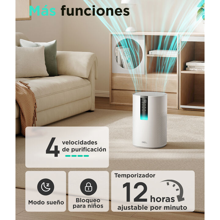 Purifica tu hogar con este purificador de aire. Con el filtro HEPA que captura hasta el 99,97 % de part&iacute;culas finas, pantalla de PM2.5 en tiempo real, dise&ntilde;o silencioso (22 dB) y control inteligente v&iacute;a app o voz. Perfecto para estancias de tama&ntilde;o medio, ofrece varias velocidades, modos autom&aacute;ticos y avisos cuando toca cambiar el filtro. Respira aire m&aacute;s puro, sin complicaciones.