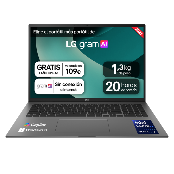 Port&aacute;til 17" LG gram - 17Z90T, Windows 11, Intel&reg; Core&trade; Arrow Lake, 16 GB RAM, 1 TB SSD, Panel IPS WQXGA (2560x1600), Ligero 1,3 kg, 20 h, Gris