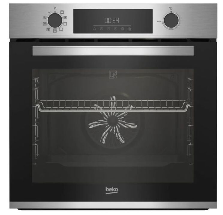 Horno multifunci&oacute;n integrable Beko de 72 litros, acabado en acero inoxidable, con limpieza pirol&iacute;tica, tecnolog&iacute;a AeroPerfect&trade; para una distribuci&oacute;n uniforme del aire caliente, 9 funciones de cocci&oacute;n, display LED Touchcontrol y eficiencia energ&eacute;tica clase A.