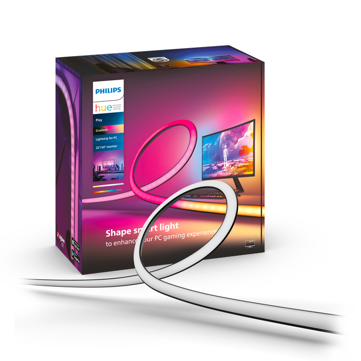Consigue un degradado de luz reactiva y colorida para tu configuraci&oacute;n de juegos. Monta la tira de luz Hue Play gradient lightstrip en la parte posterior de tu monitor de 32"-34" con los accesorios de montaje incluidos. Empieza a sincronizar con la aplicaci&oacute;n de escritorio Hue Sync para ver la acci&oacute;n en pantalla reflejada en la luz.