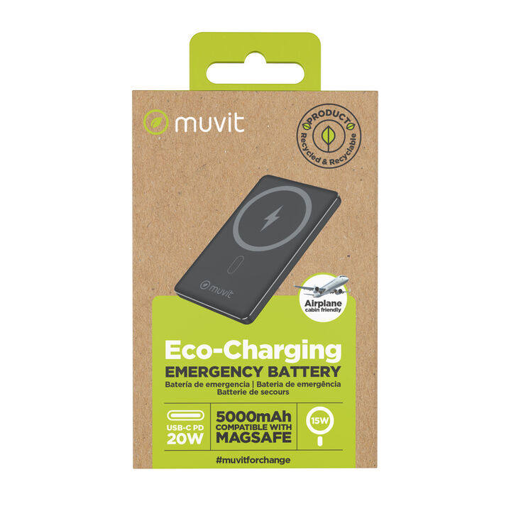 muvit for change: Energ&iacute;a MagSafe y sostenibilidad en tu bolsillo. Lleva contigo la muvit for change Emergency Battery, una bater&iacute;a externa ultra compacta de 5000mAh dise&ntilde;ada en aluminio premium. Disfruta de la comodidad de la carga inal&aacute;mbrica MagSafe de 15W o utiliza su puerto USB-C PD de 20W para una carga r&aacute;pida por cable. Un accesorio eco-responsable, fabricado con materiales reciclados y dise&ntilde;ado para acompa&ntilde;arte incluso en tus viajes en avi&oacute;n.