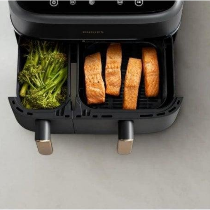 Airfryer Serie 4000 con doble cesta vertical (2&times;5 L, total 10 L), tecnolog&iacute;a Rapid Air, ventana de control, pantalla t&aacute;ctil superior, funci&oacute;n de sincronizaci&oacute;n y app HomeID de recetas. Color negro con mango cobre.