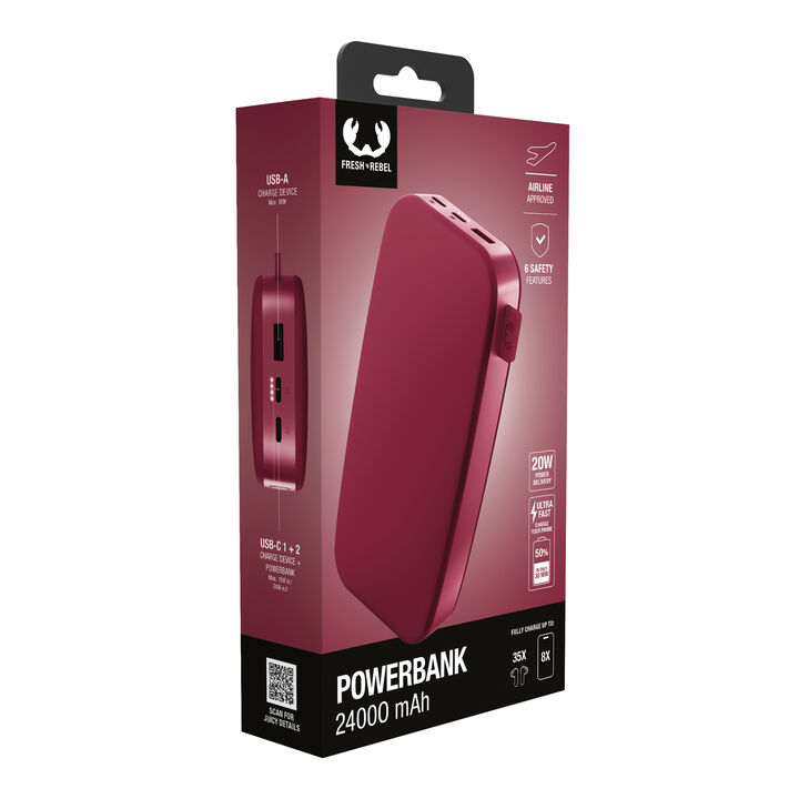 La Fresh n Rebel Powerbank de 24.000 mAh es una bater&iacute;a externa de gran capacidad con carga r&aacute;pida de 20W Power Delivery. Permite cargar varios dispositivos a la vez y ofrece autonom&iacute;a suficiente para varios d&iacute;as, siendo ideal para viajes, uso intensivo o compartir energ&iacute;a entre varios dispositivos.