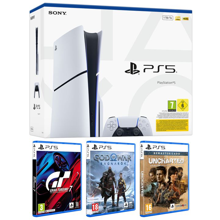 Pack PS5 DISCO 1Tb (CFI-2116 Slim Chasis E) + Gran Turismo 7 PS5 + 
God of War Ragnarok PS5 + Uncharted Colecci&oacute;n Legado de los Ladrones PS5