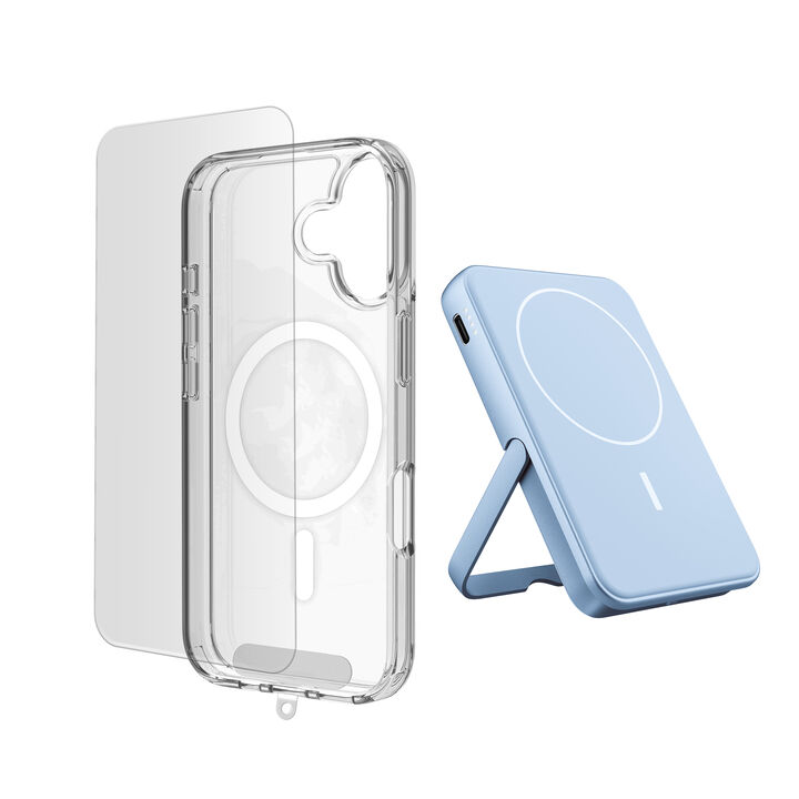Pack 3 en 1 para tu iPhone: funda protectora, protector de pantalla de vidrio templado y powerbank magn&eacute;tica de 5000 mAh. Protecci&oacute;n completa y carga sin cables, siempre lista para ti.
