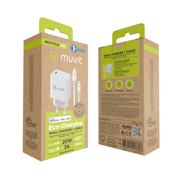 &iexcl;Carga y transfiere datos entre tus dispositivos y contribuye a cuidar el planeta! 

Pack muvit for Change que incluye un cargador de pared con clavija europea de un elegante dise&ntilde;o patentado. Est&aacute; fabricado con material reciclado y pensado en 2 piezas para facilitar su reciclaje al final de su vida &uacute;til. Dispone de 1 puerto USB tipo C de 20W de potencia m&aacute;s un cable para carga y transferencia de datos con conector tipo C a lightning 3A,&nbsp;para proporcionarte una carga m&aacute;s r&aacute;pida. Compatible con cualquier iPhone (a partir de iPhone 5). 1,2m de longitud, en color&nbsp;blanco&nbsp;y 100% reciclable. 

En muvit for change nos comprometemos a donar el 1% de los ingresos para el planeta*.