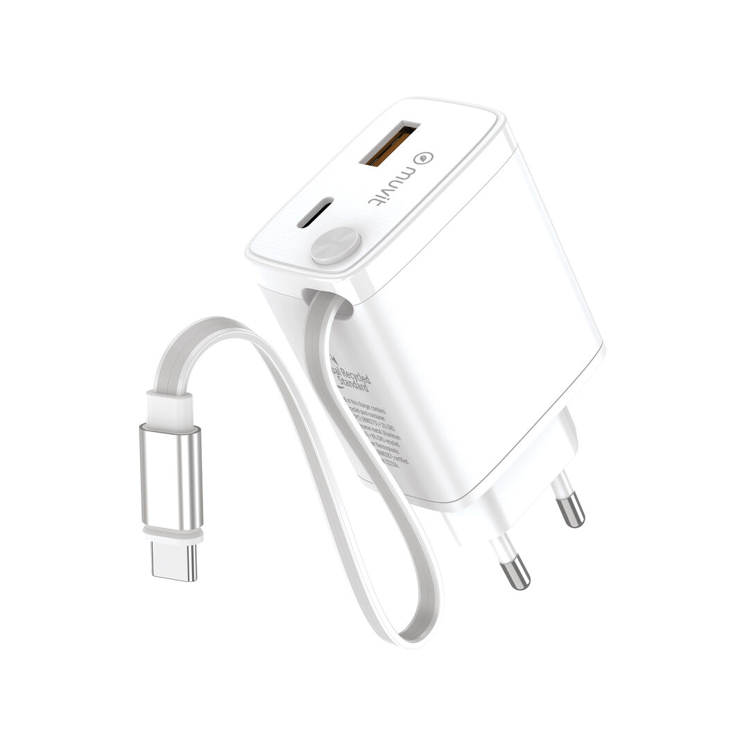 Cargador de pared retr&aacute;ctil Tipo C PD 30W, ideal paraviajes, oficinas y hogares minimalistas. Compacto, potente y respetuoso con elplaneta. Dise&ntilde;o retr&aacute;ctil que evita enredos y ahorra espacio. Fabricado conmateriales reciclados y embalaje 100% reciclable.