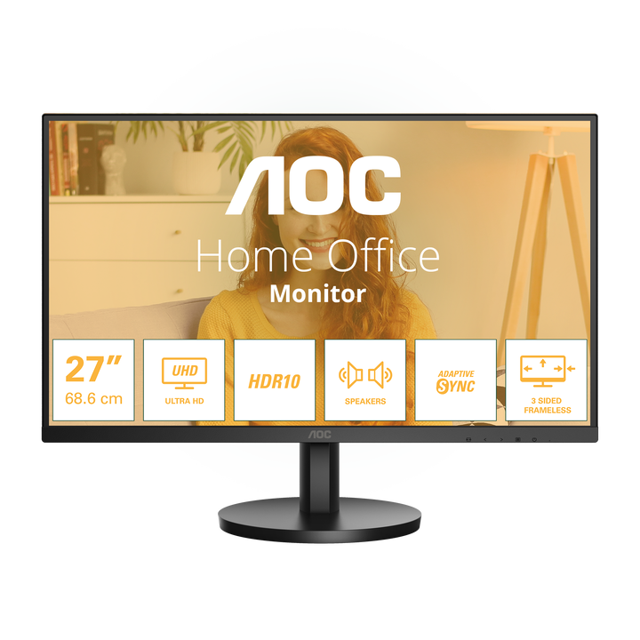 AOC U27B3A Monitor 27" UHD, 60Hz, IPS, 4ms GtG, Adaptive Sync. (3840x2160, 2x HDMI 2.0, 1x DP 1.4), Negro