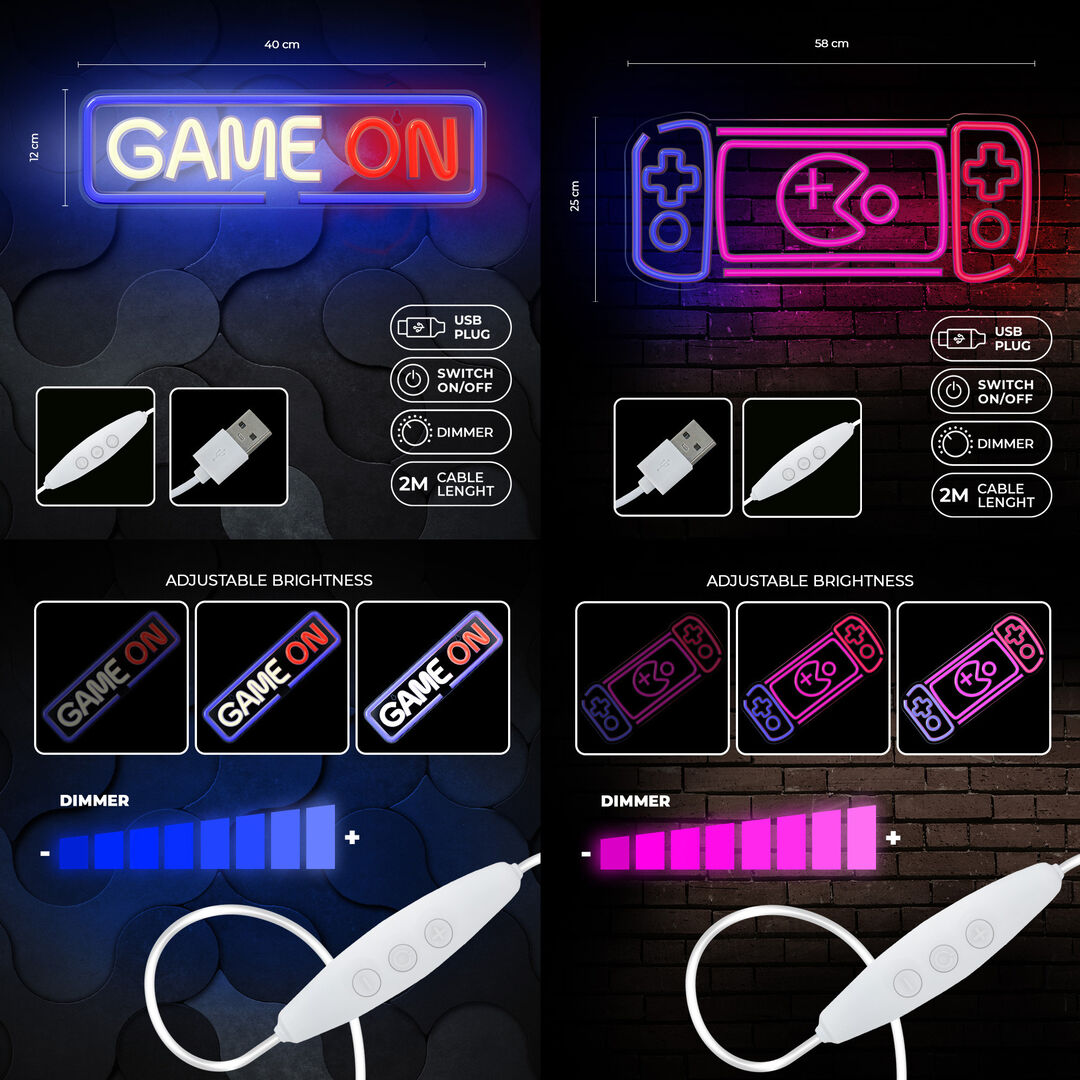 Pack de luces neones Forever, que ofrece un resplandor colorido y uniforme. Pack gamer con las luces Game On y Consola.