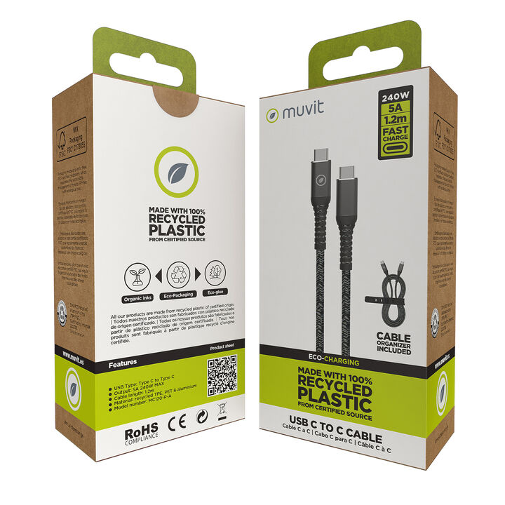 Carga y transfiere datos entre tus dispositivos con la nueva gama de cables y cargadores de muvit for change y contribuye a hacer del planeta un lugar mejor. 

Cable para carga y transferencia de datos con conector Tipo C a Tipo C, 5A transferencia r&aacute;pida, 1.2m de longitud, en color negro, 100% reciclable y fabricado con materiales reciclados de origen certificado RCS - RECYCLED CLAIM STANDARD. 

En muvit for change nos comprometemos a donar el 1% de los ingresos para el planeta*.