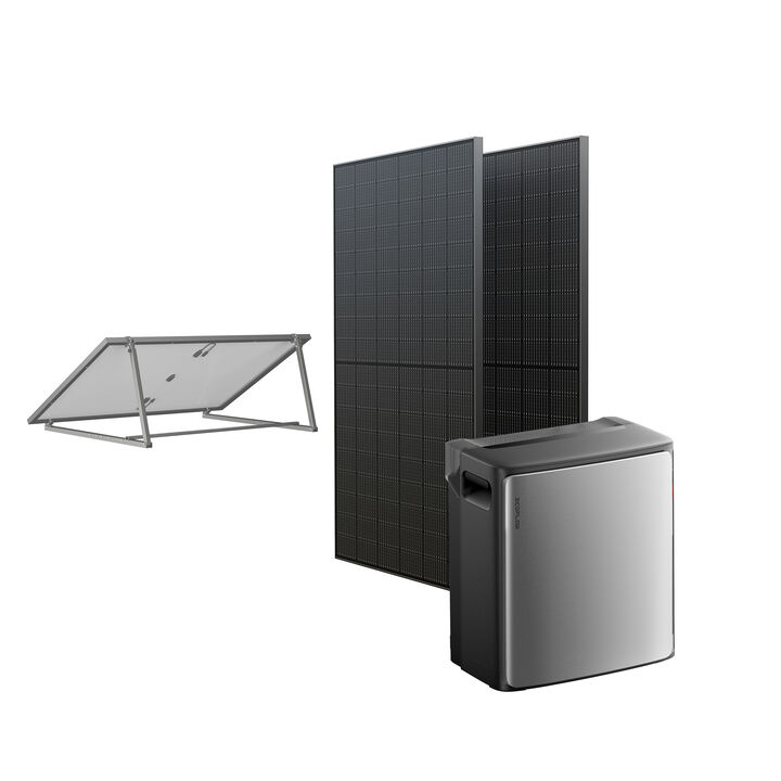 Pack de Ecoflow compuesto por un panel solar doble, un soporte para los paneles solares y la estaci&oacute;n de energ&iacute;a de 800W.