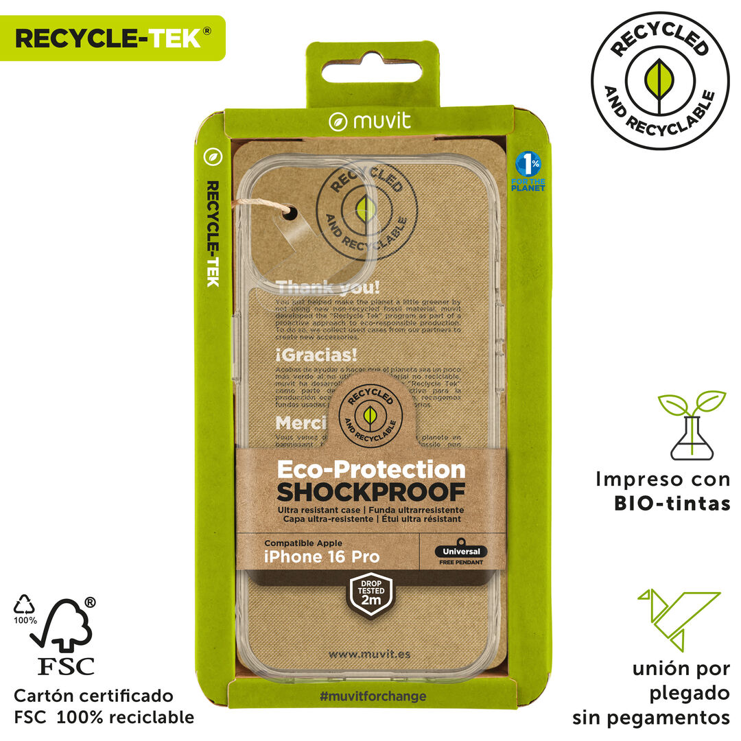 Al comprar un nuevo m&oacute;vil, nos entra la urgencia de protegerlo para evitar que se da&ntilde;e, por eso en muvit for change hemos creado esta funda Shockproof Recycletek que proteger nuestro smartphone de ara&ntilde;azos y ca&iacute;das de hasta 2M, hechas con materiales reciclados, contribuyendo as&iacute; a luchar contra la contaminaci&oacute;n y a proteger nuestro ecosistema. Adem&aacute;s, ahora cuenta con el certificado GRS (Global Recycle Standard) que garantiza que se utilizan materiales reciclados.