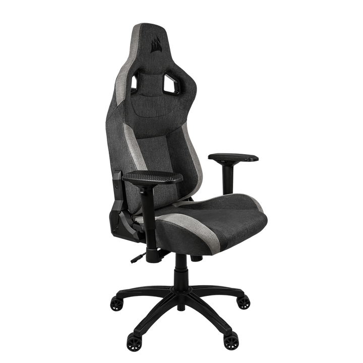 La silla de juegos CORSAIR T3 RUSH combina un diseño inspirado en las carreras y una comodidad contorneada con un exterior de tela suave y transpirable, una almohada cervical acolchada y un soporte lumbar de espuma viscoelástica.
