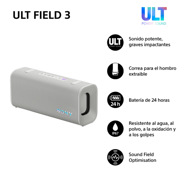 <p>Presentamos ULT FIELD 3, el potente altavoz inal&aacute;mbrico de Sony con 24h de bater&iacute;a que ofrece un sonido impactante y envolvente en un dise&ntilde;o port&aacute;til, se combina con un tweeter de alta calidad y dos radiadores pasivos para producir un sonido rico y detallado que te sorprender&aacute;.</p>