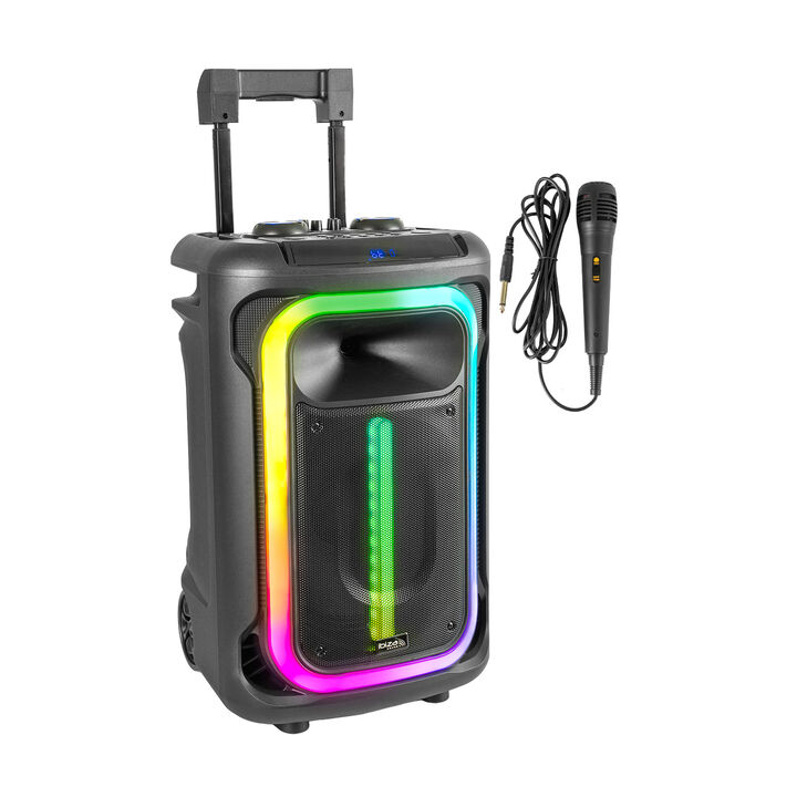 <h1 class="titulo-producto">
  Altavoz Bluetooth Aut&oacute;nomo Activo 12"/30cm 800W con TWS, Efectos Luminosos, Micro y Trolley
</h1>
<div class="producto">
  <p>
    Este altavoz m&oacute;vil, equipado con ruedas y un trolley, est&aacute; alimentado por una bater&iacute;a integrada recargable y cuenta con un juego de iluminaci&oacute;n en el frontal, para crear un ambiente festivo d&oacute;nde sea preciso.
  </p>

  <h3>Caracter&iacute;sticas</h3>
  <ul>
    <li>Fuentes de entrada: Bluetooth, USB, microSD, AUX, 1 entrada de Guitarra y 2 entradas de Micro</li>
    <li>Efectos Eco y Delay</li>
    <li>Prioridad Micro: El volumen de la m&uacute;sica disminuye cu&aacute;ndo se habla por el micro</li>
    <li>Ajuste de graves y agudos</li>
    <li>Refuerzo de graves graduable</li>
    <li>Funci&oacute;n TWS que permite conectar mediante Bluetooth dos unidades para obtener un verdadero sonido est&eacute;reo inal&aacute;mbrico</li>
    <li>Diferentes modos y apagado de efectos luminosos</li>
    <li>Funci&oacute;n de grabaci&oacute;n en modo USB y microSD</li>
    <li>Ruedas y trolley para facilitar el transporte</li>
    <li>Incluye un micr&oacute;fono con cable y adaptador de corriente</li>
  </ul>
</div>