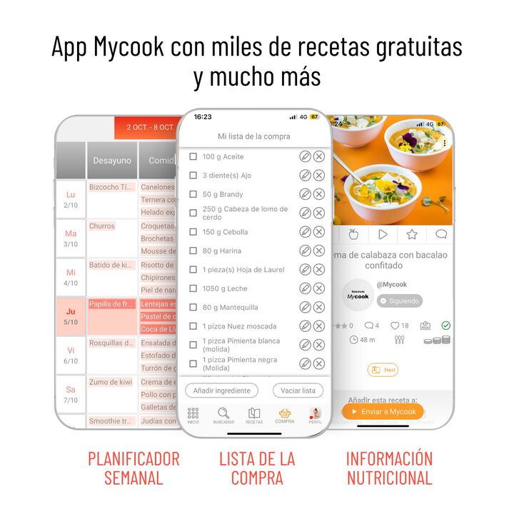 El Mycook Next es mucho más que un simple robot de cocina; es la combinación perfecta de tecnología avanzada y creatividad culinaria. Con Next Blade, su cuchilla ultra resistente, este robot multifuncional es ideal para cualquier tipo de preparación culinaria, convirtiéndose en tu aliado perfecto en la cocina. Además, su recetario integrado cuenta con más de 2000 recetas y sigue creciendo gracias al Club Mycook Recetas, donde también encontrarás información nutricional detallada. Descubra la innovación, la alta tecnología y la facilidad de uso en un solo dispositivo: Mycook Next.