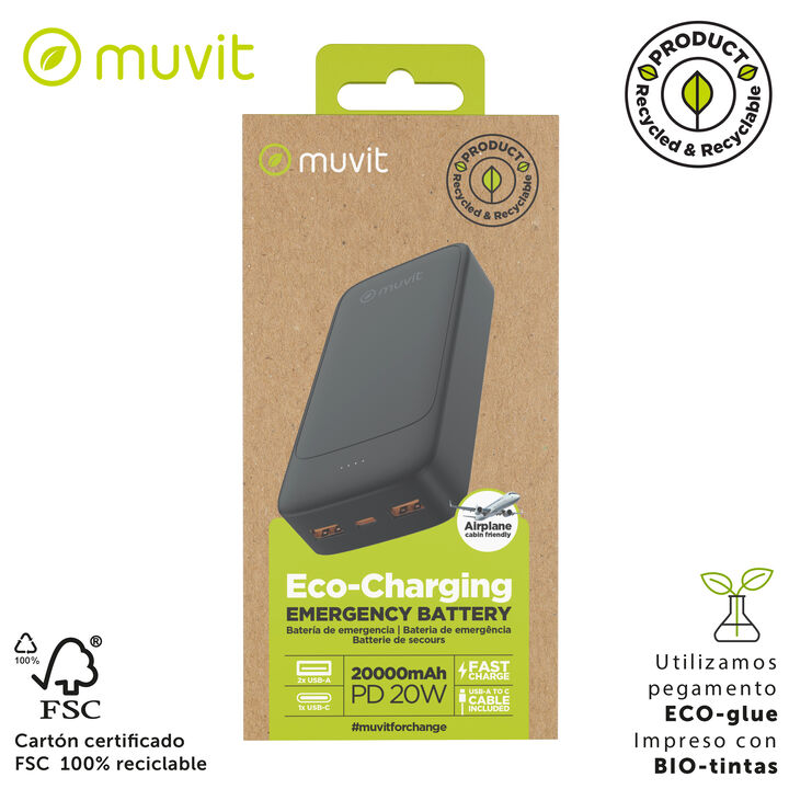 Bater&iacute;a externa de 20000 mAh de color negro de muvit for change. Esta Power Bank dispone un 2 puerto USB A y uno tipo C y est&aacute; hecha con materiales reciclados y reciclables y bater&iacute;a de ion de litio. Incorpora un cable USB-C de 30 cm de TPE reciclado.