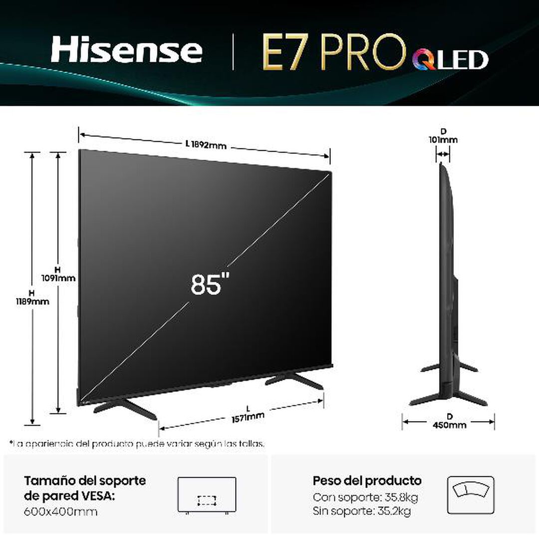 QLED TV 85E7Q Pro Gaming. Serie E7Q PRO
TV 85 pulgadas con Modo Juego de 144Hz
AMD Freesync Premium Pro, Dolby Vision IQ + Dolby Atmos, Hi-Concerto, Procesador Hi-View Engine