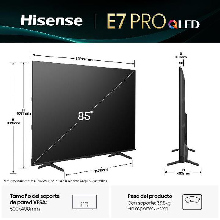 QLED TV 85E7Q Pro Gaming. Serie E7Q PRO
TV 85 pulgadas con Modo Juego de 144Hz
AMD Freesync Premium Pro, Dolby Vision IQ + Dolby Atmos, Hi-Concerto, Procesador Hi-View Engine