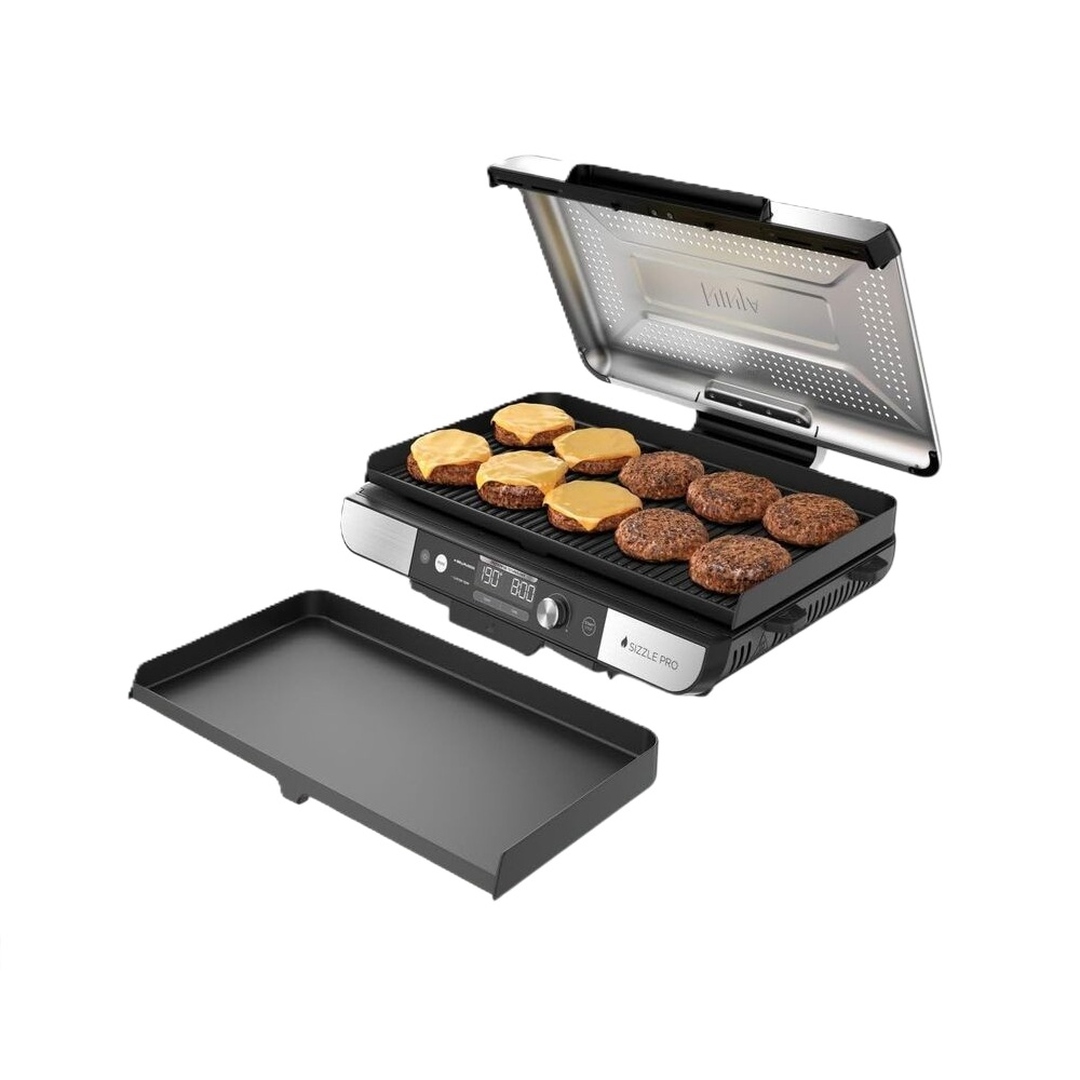 Vers&aacute;til parrilla y plancha de capacidad extra-grande, para unas 8-10 personas, con detecci&oacute;n digital inteligente de temperatura, con calor m&aacute;ximo hasta 260&deg;C, cocina de borde a borde de forma uniforme permitiendo usar completamente la superficie de la parrilla. Placas antiadherentes, intercambiables y de f&aacute;cil limpieza.