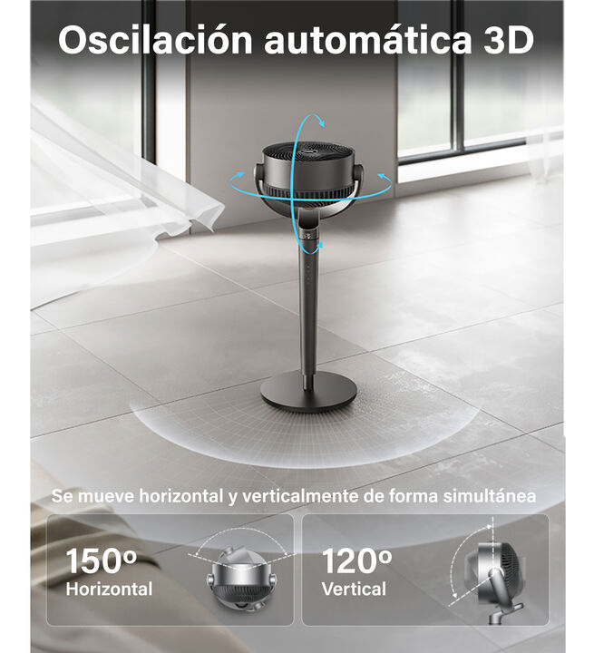 El ventilador compacto con potencia TurboPoly para una circulaci&oacute;n total. Altura regulable: 94107 cm. Alcance ultra-lejano: hasta 33,5 metros

 Alcance ultra-lejano: hasta 33,5 metros
 Motor DC: sin escobillas (BLDC) de 36 W
 Velocidad del aire: 8,2 m/s
 Volumen de aire: 940 CFM ( 1.600 m3/h)
 Nivel sonoro: 63 dB
 Oscilaci&oacute;n autom&aacute;tica horizontal: 30&ordm; / 60&ordm; / 90&ordm; / 120&ordm;
 Oscilaci&oacute;n manual continua: 120&ordm;
 Dise&ntilde;o TurboPoly con aspas bi&oacute;nicas para un flujo potente y silencioso
 Rejilla frontal y aspas desmontables para f&aacute;cil limpieza

Aplicaciones:
Dormitorios, oficinas y salones.
Ideal para quienes buscan potencia, dise&ntilde;o compacto y comodidad total.