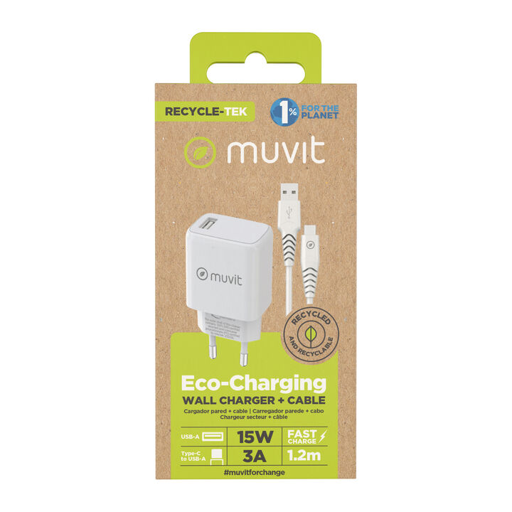&iexcl;Carga y transfiere datos entre tus dispositivos y contribuye a cuidar el planeta! 

Pack muvit for Change que incluye un cargador de pared con clavija europea de un elegante dise&ntilde;o patentado. Est&aacute; fabricado con material reciclado y pensado en 2 piezas para facilitar su reciclaje al final de su vida &uacute;til. Dispone de 1 puerto USB A de 2.4A 12W de potencia m&aacute;s un cable para carga y transferencia de datos con conector Tipo C 3A, 1,2m de longitud, en color blanco y 100% reciclable. 

En muvit for change nos comprometemos a donar el 1% de los ingresos para el planeta*.