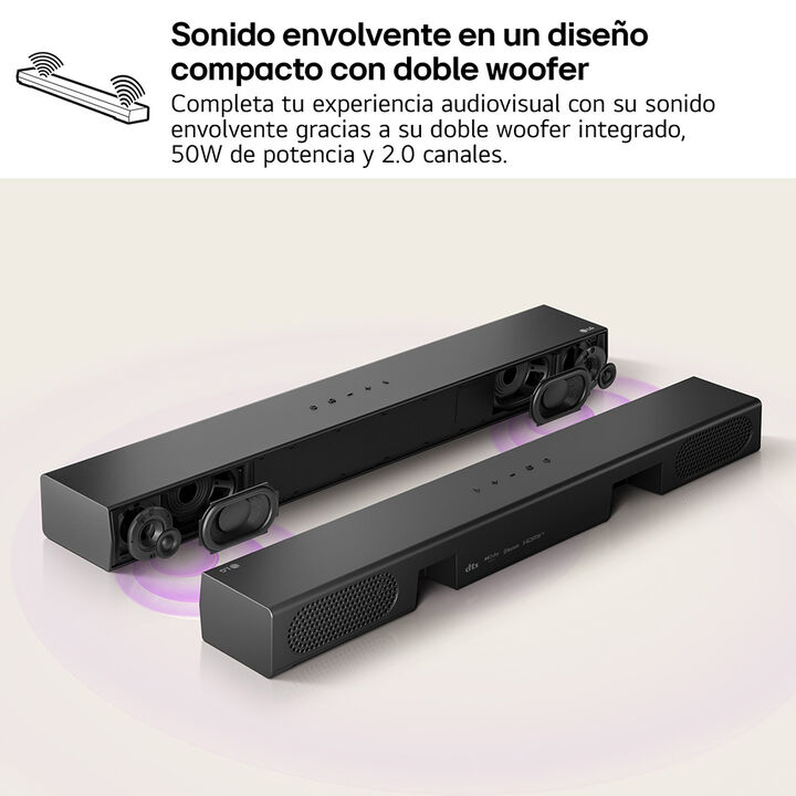 Barra compacta 2.0 con doble woofer, Dolby y AI Sound Pro, ideal para TVs peque&ntilde;os.