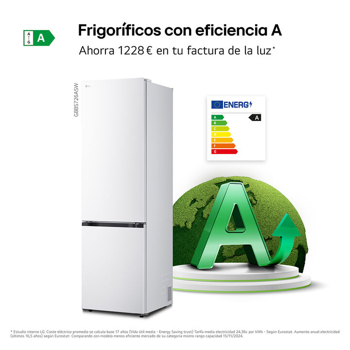 Frigor&iacute;fico Combi LG Serie 700 con DoorCooling+, LinearCooling, Fresh Converter+, Fresh Balancer con Magic Crisper, almacenamiento inteligente (My Box, Flex Box, Flex Mini Box), balda plegable, botellero, AI Energy con ThinQ, 375 L, 29 dB, Clase A, Blanco.