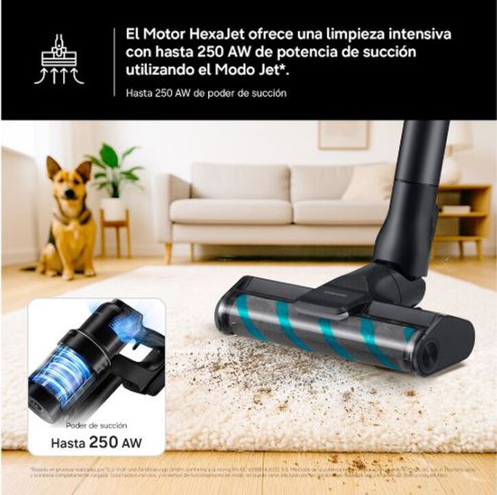 Aspirador escoba inal&aacute;mbrico Samsung Jet 85S Complete con potencia de succi&oacute;n de hasta 250 AW, autonom&iacute;a de hasta 60 minutos, bater&iacute;a extra&iacute;ble, filtraci&oacute;n HEPA y m&uacute;ltiples accesorios para suelos, rincones, tapicer&iacute;as y pelo de mascotas.