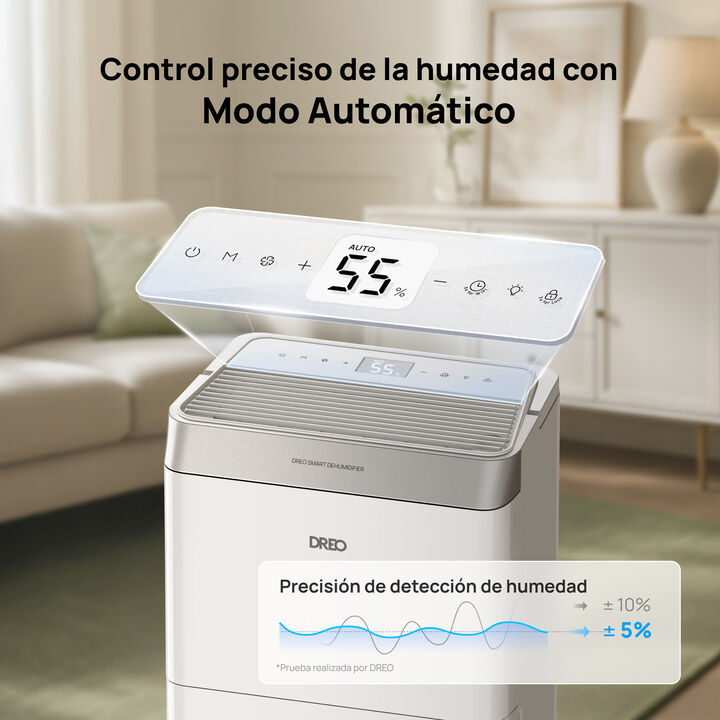 El Dreo DR HDH002S es un deshumidificador inteligente de 20 litros/d&iacute;a, dise&ntilde;ado para estancias grandes y control de humedad en toda la vivienda. Incorpora sensor de humedad con pantalla digital, funcionamiento ultrasilencioso (35dB) y alta eficiencia energ&eacute;tica, ideal para dormitorios, salones, ba&ntilde;os y zonas de lavander&iacute;a.
Cuenta con 3 velocidades de ventilador y modos Autom&aacute;tico, Confort y Continuo, que permiten mantener la humedad seleccionada con una precisi&oacute;n aproximada de 5% RH. Incluye modo secado de ropa, pensado para acelerar el secado en interiores en climas hmedos.
El equipo ofrece doble sistema de drenaje: dep&oacute;sito extra&iacute;ble de 3,4L con apagado autom&aacute;tico cuando se llena, o drenaje continuo por manguera para uso prolongado. Su dise&ntilde;o port&aacute;til con ruedas y asa facilita moverlo entre habitaciones.
Este modelo ha sido aprobado por el Good Housekeeping Institute (2026), lo que certifica su rendimiento, fiabilidad y calidad tras pruebas independientes.