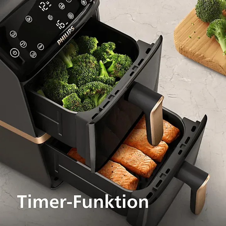 Airfryer Serie 4000 con doble cesta vertical (2&times;5 L, total 10 L), tecnolog&iacute;a Rapid Air, ventana de control, pantalla t&aacute;ctil superior, funci&oacute;n de sincronizaci&oacute;n y app HomeID de recetas. Color negro con mango cobre.